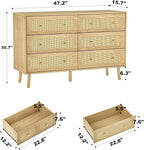 Rattan Dresser for Bedroom, Boho 6 Drawer Double Dresser with Gold Handles, Natural Wood Storage Dressers & Chest of Drawers, 6 Drawer Dressers