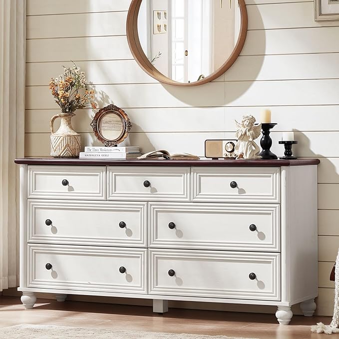 7 Drawers Dresser for Bedroom, Farmhouse 54" Wide Wood Dressers Chest of Drawers, Vintage Design TV Stand, Rustic Storage Dresser Organizer with Metal Handle Closet for Living Room, Hallway