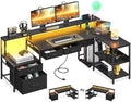 AODK L Shaped Desk with 5 File Drawers, 66" Reversible L Shaped Computer Desk with Power Outlet & LED Strip, Office Desk with Storage Shelves, Gaming Desk with Monitor Shelf, Corner Desk, Black