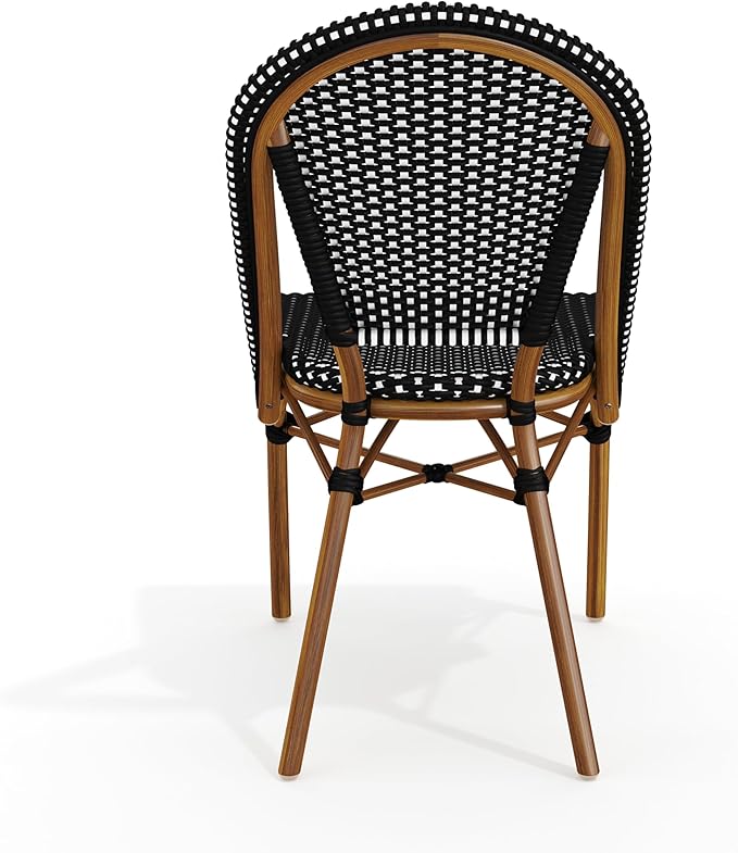 Martha Stewart Lily Pond Indoor-Outdoor Stackable Aluminum Bistro Chair with Natural Woodgrain Frame Finish and Black/White Woven Rattan Backrest and Seat