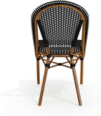 Martha Stewart Lily Pond Indoor-Outdoor Stackable Aluminum Bistro Chair with Natural Woodgrain Frame Finish and Black/White Woven Rattan Backrest and Seat