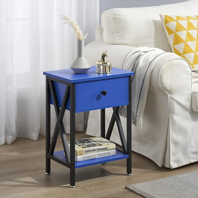 VECELO End Tables, Modern Nightstand with Drawer & Shelf, Night Stand for Bedroom Living Room,Industrial Metal Frame