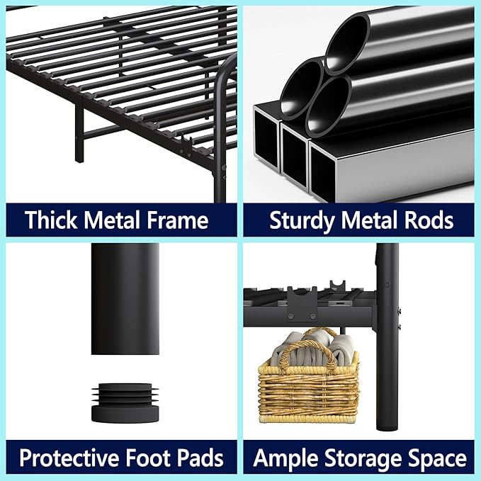 Metal Queen Single Bed Frame with Storage Space, 82.7" in Steel Bed Frame with Protective Foot Pads, Strong Bearing Capacity Queen Size Bed, Easy Assembly, Underbed Storage Space（43.3 inch）