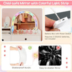 Costzon Kids Vanity, Girls Vanity Set with Mirror and Stool and Lights, Drawers & Storage Compartments, Toddler Makeup Vanity Desk Dressing Table, Wooden Kids Vanity Table and Chair Set (White)