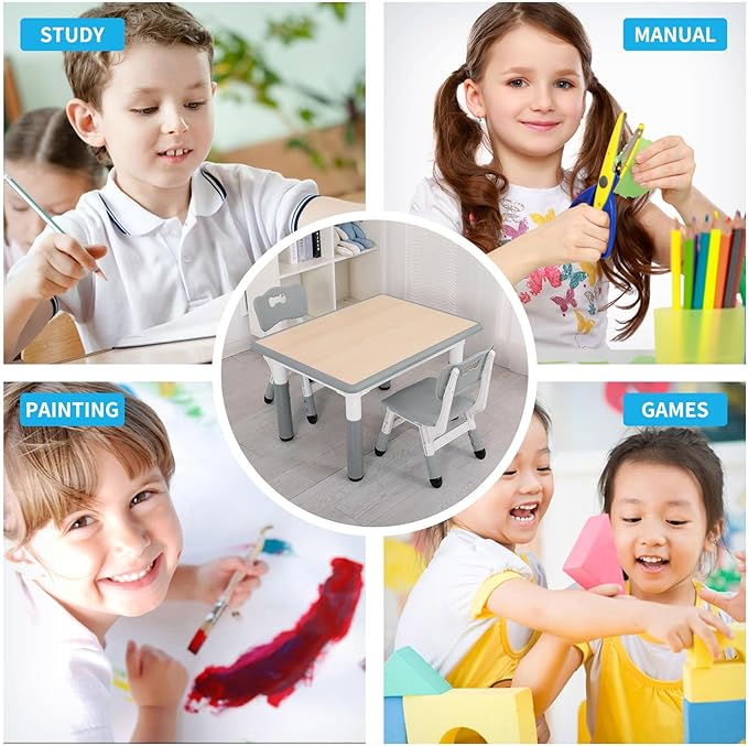 UNICOO Kids Table and Chairs Set, Height Adjustable Toddler Study Table and Chairs, Arts & Crafts Table, Suitable for Ages 2-10, Childrens Activity Table, Preschool Furniture (BY-60-MGY)