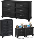 Farmhouse Bedroom Dresser and Nightstand Set of 4, 6 Drawer Tall & Low Dresser & 2 Drawer Nightstand Set, Rustic Wood Bedroom Furniture Set for Livingroom, Hallway, Black
