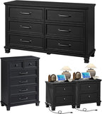 Farmhouse Bedroom Dresser and Nightstand Set of 4, 6 Drawer Tall & Low Dresser & 2 Drawer Nightstand Set, Rustic Wood Bedroom Furniture Set for Livingroom, Hallway, Black