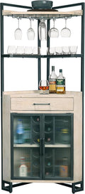 Howard Miller Studio Corner Bar Cabinet - Glass Doors, Glass Rack, Wooden Shelves, Drawer & Metal Frame Space Saving Bar Storage Unit for Small Spaces, Industrial Corner Bar Home Bar Furniture
