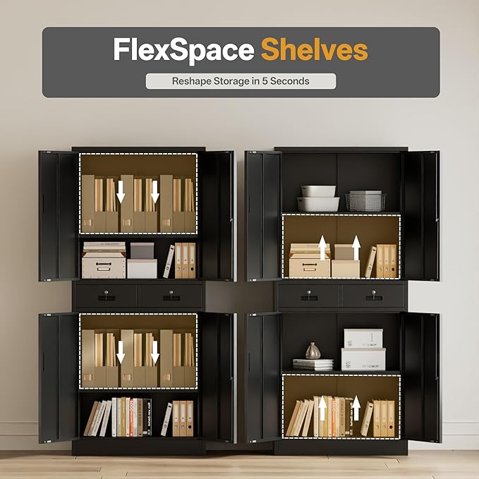 Metal Storage Cabinet，71" Garage Storage Cabinet with 2 Locking Drawer and 4 Adjustable Shelves ，Black Tool Cabinet，Lockable File Steel Cabinet for Home, Office, Gym, School.