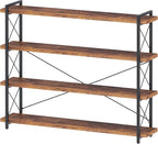 HCHQHS Large Bookshelf, 4-Tier Long Industrial Bookcase, Rustic Brown Book Shelf, Freestanding Horizontal Bookshelves with Metal Frame