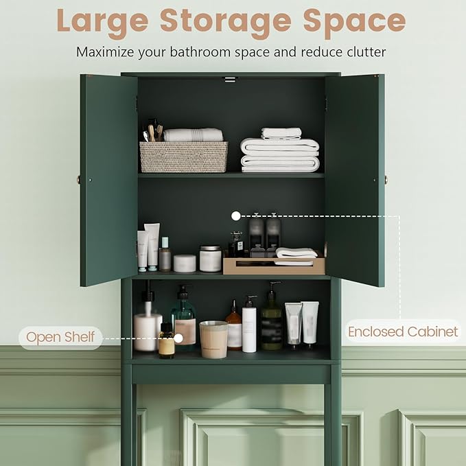 Tangkula Over The Toilet Storage Cabinet, Bathroom Space Saver with Fluted Doors Adjustable Shelf & Bottom Bar, Freestanding Above Toilet Storage Cabinet Organizer for Laundry, Restroom (Forest Green)