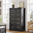 AOGLLATI Farmhouse 5 Drawers Dresser for Bedroom, 48” Tall Wood Rustic Chest of Drawers with Natural Texture, Vintage Design, Black Storage Dresser for Bedroom, Black