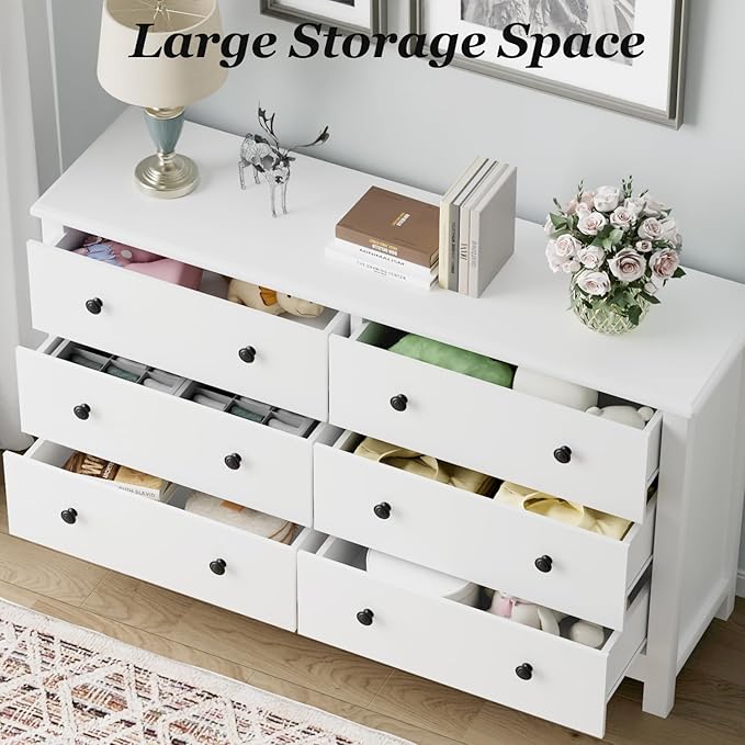 White Dresser, Modern 6 Drawer Double Dresser for Bedroom with Black Knobs, Adults & Kids Wide Dressers & Chests of Drawers for Hallway, Entryway