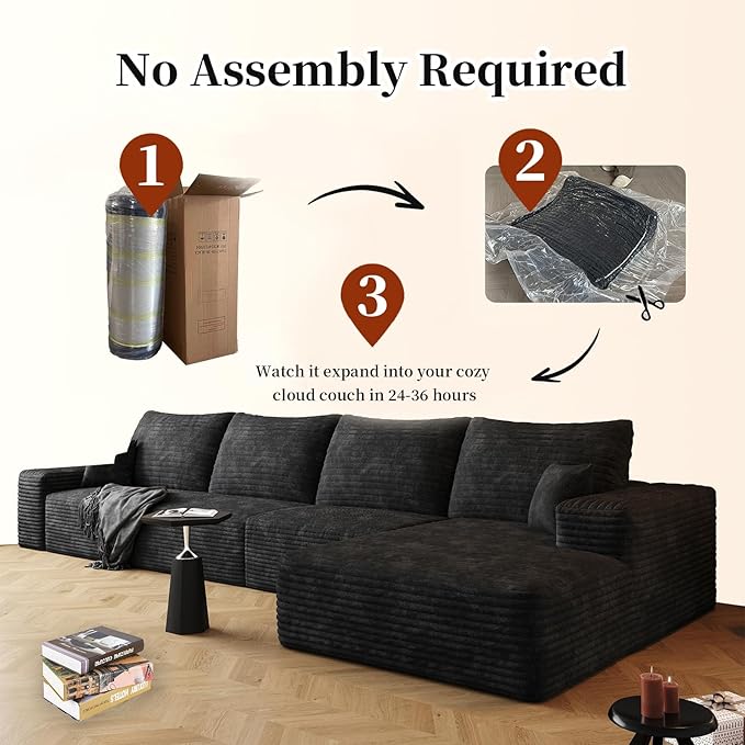135.4" Large Cloud Modular Sectional Sofa with L-Shape Chaise, Deep Seat Upholstered Couches for Living Room，No Assembly Required, Corduroy Pet-Friendly Fabric (Black, Right Facing Chaise)