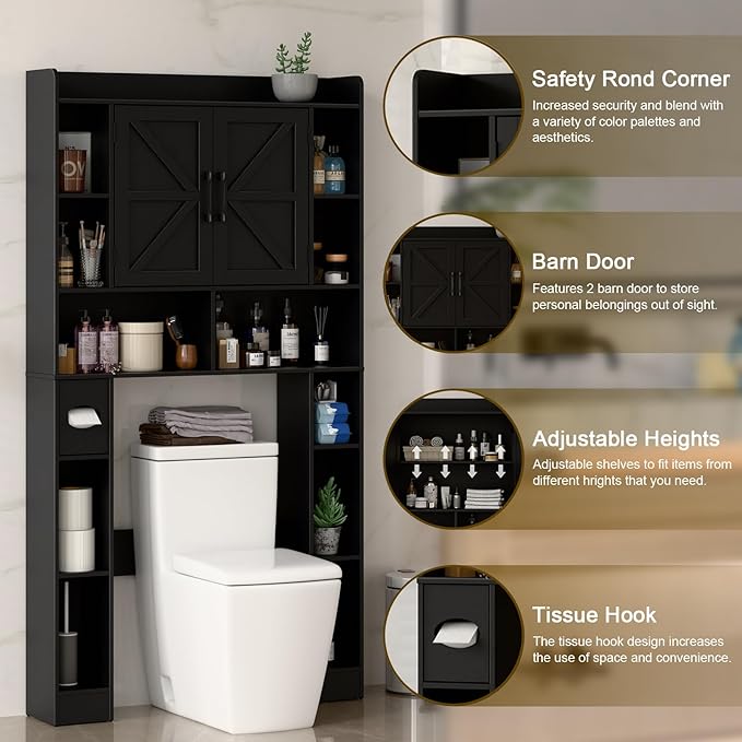 Farmhouse Storage Cabinet Over Toilet with Barn Doors，Over The Toilet Storage Cabinet, Home Space-Saving Toilet Rack, for Bathroom, Restroom, Laundry.Pure Black