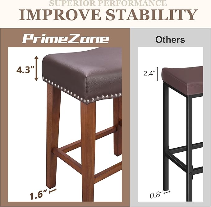 PrimeZone Counter Height Bar Stools Set of 6 - Backless Saddle Barstools with 4.3" Thick Upholstered, Nailhead Trim Faux Leather & Solid Wood Legs, 26 Inch Counter Stools for Kitchen Island, Brown