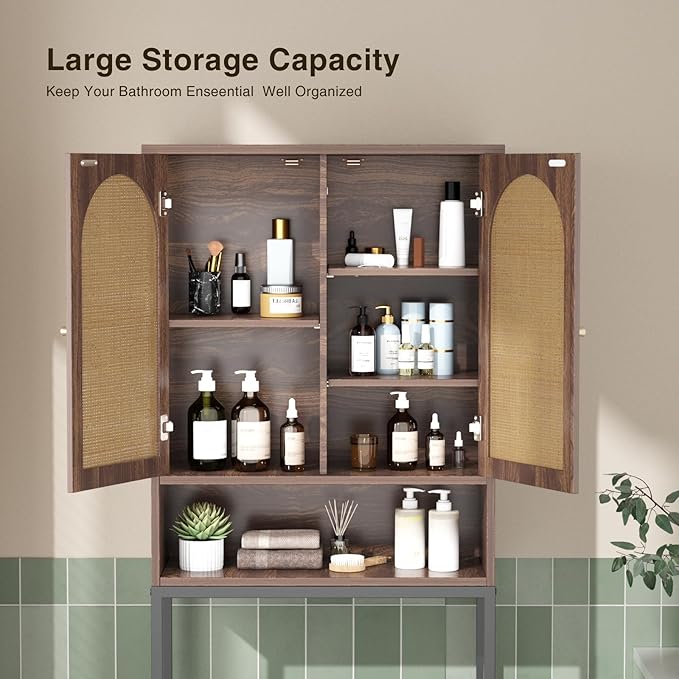 Rattan Toilet Storage Cabinet, Over The Rack Wood Cabinet with Metal Stand, Bathroom Organizer with Adjustable Shelf, Space Saving Cupboard for Small Bathrooms, Washer Shelf, Dark Brown