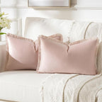 FUTEI Pink Velvet Decorative Throw Pillow Covers 12x20 Set of 2,Soft Cozy Edge with Tassels Lumbar Pillow Cases,Boho Modern Home Decor for Couch Bed Living Room