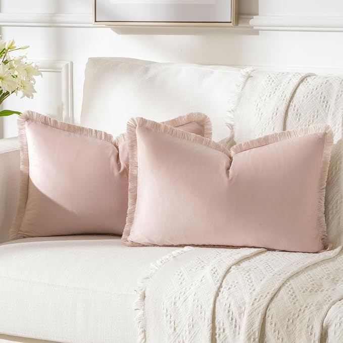 FUTEI Pink Velvet Decorative Throw Pillow Covers 12x20 Set of 2,Soft Cozy Edge with Tassels Lumbar Pillow Cases,Boho Modern Home Decor for Couch Bed Living Room