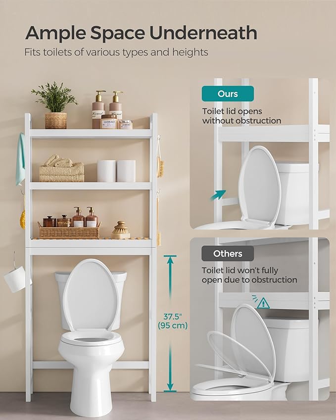 SONGMICS Over The Toilet Storage, 3-Tier Over Toilet Bathroom Organizer with Adjustable Shelf, 10.2 x 24.8 x 66.9 Inches, Space-Saving, Cloud White and Natural Beige UBTS001W02
