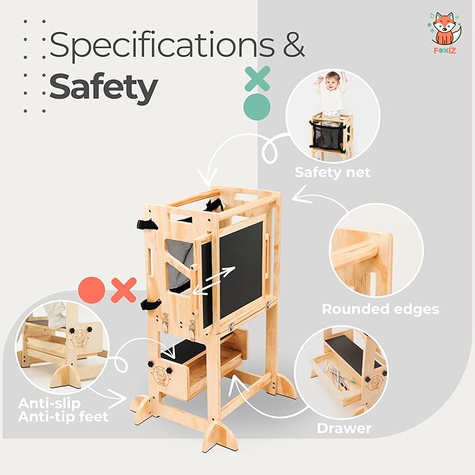 4-in-1 Montessori Smart Learning Tower – Convertible Toddler Step Stool, Activity Table & Chalkboard Center, Adjustable Height with Safety Net – Premium Eco-Friendly Wooden Design for Kids 1–3