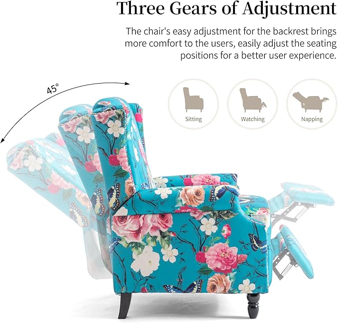 Pushback Recliner Chair Set of 2, Floral Fabric Wingback Recliner Chair, Upholstered Armchair Push Back Recliner, Rivet Trim Single Sofa Accent Chair with Wood Legs for Living Room, Peacock Blue