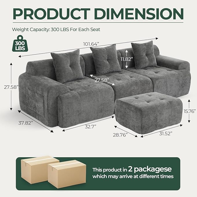101.65” Modular Sectional Couch for Living Room, Modren L-Shape Cloud Sectional 3-Seater Sofa with Movable Ottoman, Woven Texture Upholstery Boneless Couch, No Assembly Grey