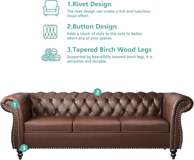 Chesterfield 3 Seater Sofa, Modern Leather Tufted Couch 3 Seater with Rolled Arms and Nailhead Mid-Century Upholstered Couch for Living Room, Bedroom, Apartment and Office, Brown
