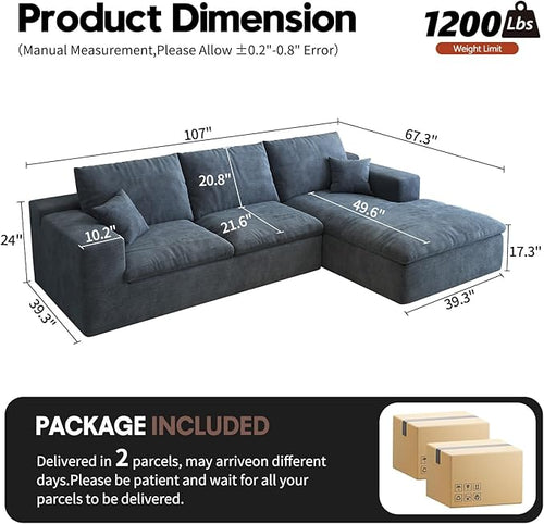 107'' L-Shaped Modern Modular Sectional Cloud Couch, 4-Seat Chenille Deep-Seat Sofa with Pillow for Living Room, Bedroom, Apartment, Ocean Blue