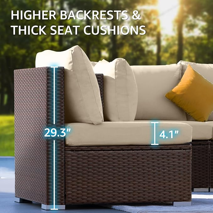 NICESOUL 29.3'' High Back Outdoor Patio Sectional Furniture with Firepit Table Natural Gas & Propane Convertible, 8 Seater Deep Wide Modern Couch, Extra Large Wicker Conversations for Backyard, Brown