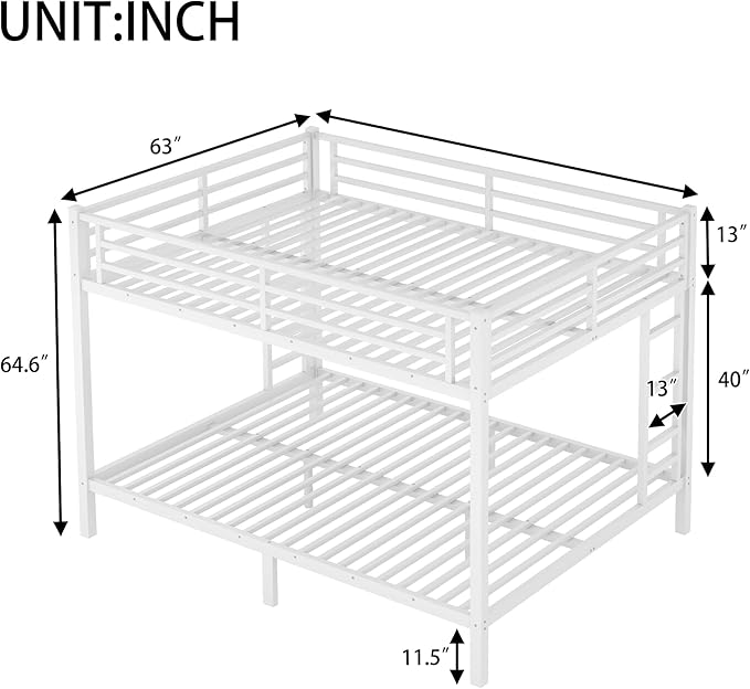Queen Over Queen Bunk Bed for Adults, Teens, Heavy Duty Bunk Beds with 2 Ladder and Safety Guardrails, Adults Bunk Beds with Noise-Reducing Rubber Stoppers, Easy Assemble, White