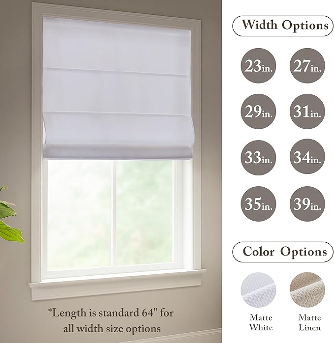 Madison Park Galen Matte White Cordless Roman Shades - Fabric Privacy Single Panel Darkening, Energy Efficient, Thermal Insulated Window Blind Treatment, for Home, Living Room Decor, 35" W x 64" H