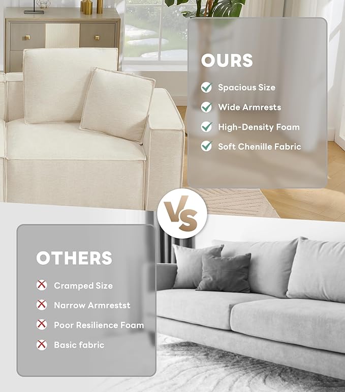 WILLOVE 141'' Modular Sectional Sofa, Chenille Cloud Couch with Wide Armrests & 6 Pillows, Deep Seat Couches for Living Room, Beige