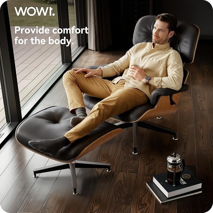 Top Black Grain Leather, Mid Century Chaise Lounge Chair and Ottoman, Modern Chair Classic Design, Walnut Wood, Heavy Duty Base Support for Living Room Office