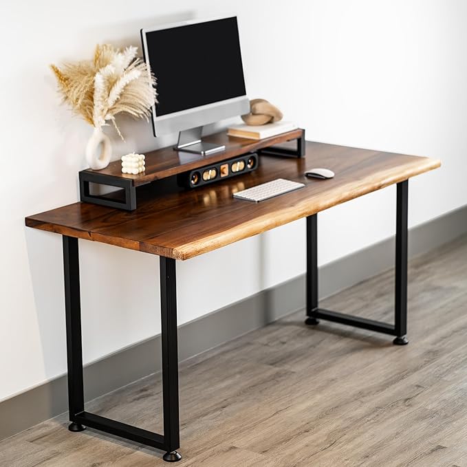 Wood Computer Desk with Monitor Stand - 48x27 Solid Wood Desk, Live Edge Walnut Desk, Sturdy Metal Legs - Scratch and Stain Resistant Finish - Premium Quality