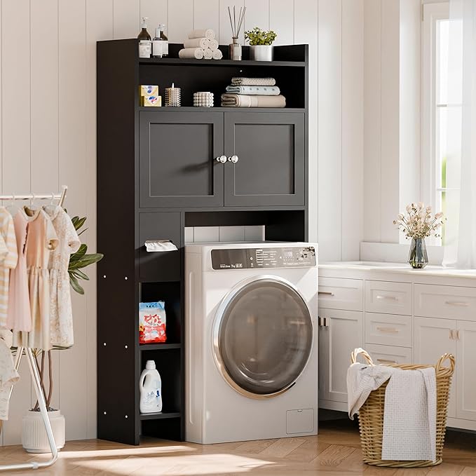 MU Over The Toilet Storage Cabinet with Doors, 32" Bathroom Storage Organizer with Side Shelves, Space-Saving Toilet Storage Rack for Bathroom, Laundry (Black)