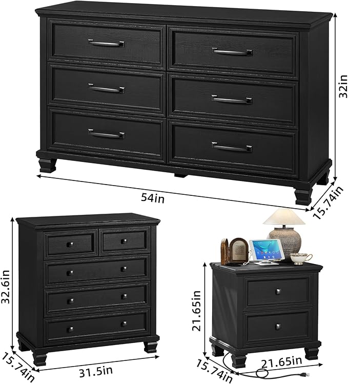 Farmhouse Bedroom Dresser and Nightstand Set of 4, 6 Drawer Low & 5 Drawers Dresser & 2 Drawer Nightstand Set, Rustic Wood Bedroom Furniture Set for Livingroom, Hallway, Black
