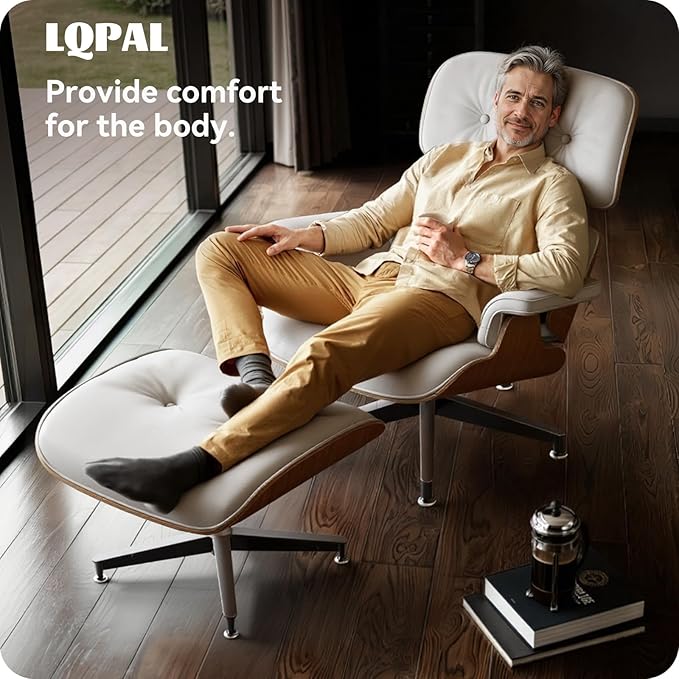 Top White Grain Leather, Mid Century Chaise Lounge Chair and Ottoman, Modern Chair Classic Design, Walnut Wood, Heavy Duty Base Support for Living Room Office