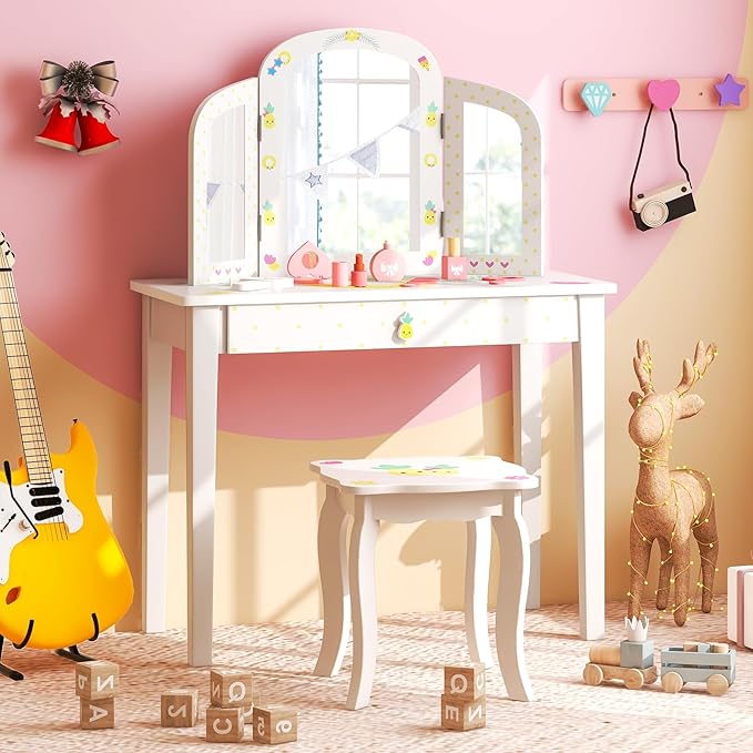 Costzon Kids Vanity, Girls Vanity Set with Tri-Folding Mirror, Stool, Storage Drawer, Princess Toddler Makeup Vanity Desk Dressing Table, Wooden Kids Vanity Table and Chair Set (Fruit Pattern)