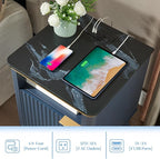 QUW Fluted Nightstands Set of 2 with Charging Station, 18" Modern Side Table, Wooden Bedside Table with Faux Marble Top, Open Storage, Cabinet, End Table for Bedroom, Living Room, Navy Blue