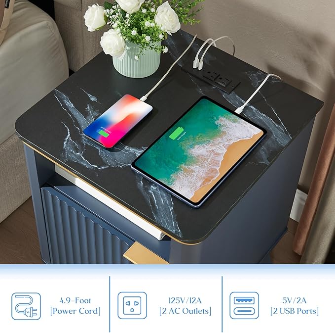 QUW Fluted Nightstands Set of 2 with Charging Station, 18" Modern Side Table, Wooden Bedside Table with Faux Marble Top, Open Storage, Cabinet, End Table for Bedroom, Living Room, Navy Blue