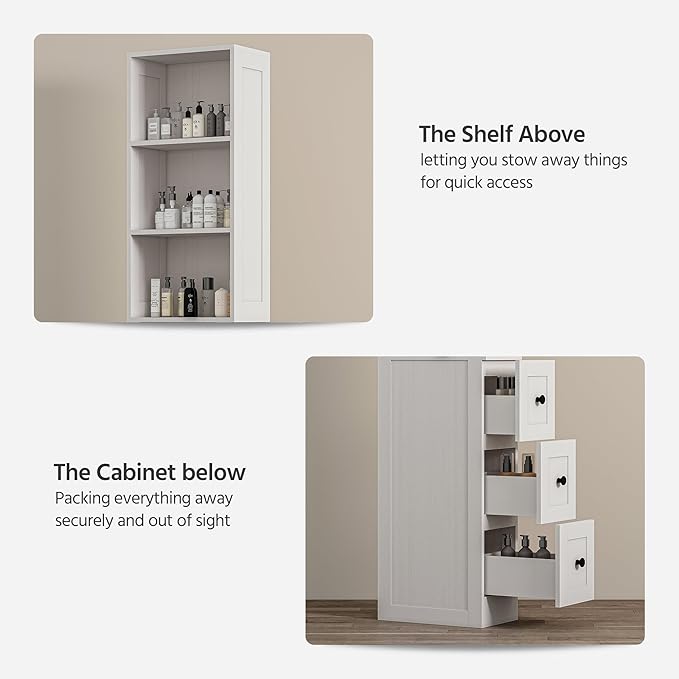 LAUSAINT HOME Tall Bathroom Storage Cabinet, Anti-Tipping Narrow Floor Cabinet with 2 Adjustable Shelves & 3-Level Drawers for Small Space, Home, Bathroom, Kitchen, Laundry (White)