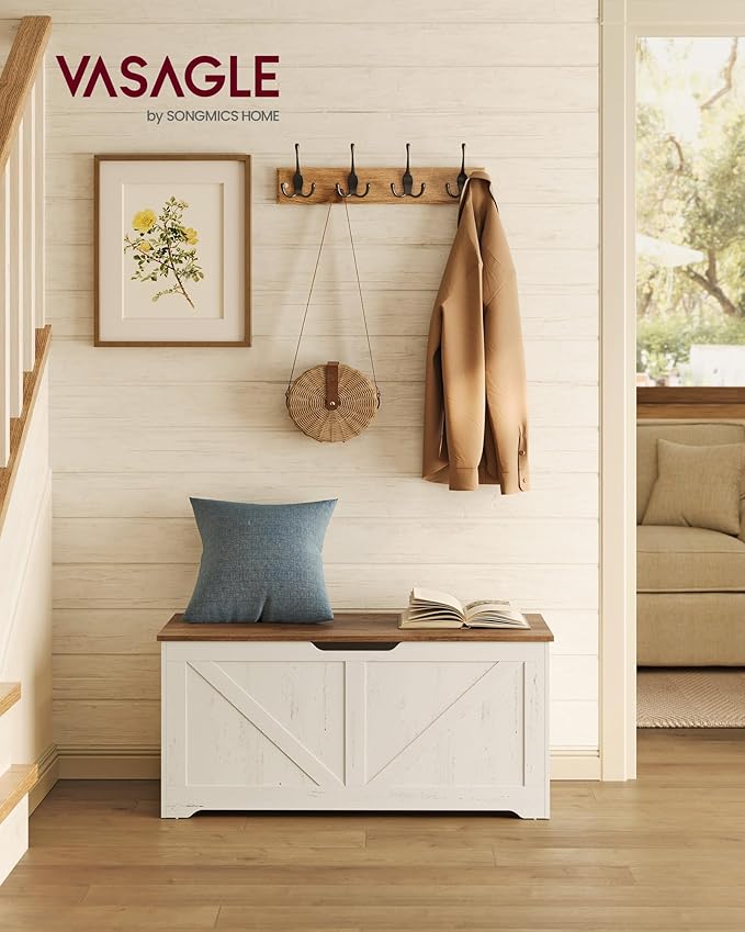 VASAGLE Storage Chest, Storage Bench with 2 Safety Hinges, Farmhouse Style, 15.7 x 39.4 x 18.1 Inches, for Entryway, Bedroom, Living Room, Honey Brown and Rustic White ULSB060WJ01S