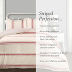 Lush Decor Farmhouse Stripe Reversible Cotton Comforter Set, 3 Piece Set, Full/ Queen, Red - Cozy F𝚊rmhouse Bedding Set - Rustic Decor - Striped Comforter - Modern Farmho𝚞se Bedroom Decor