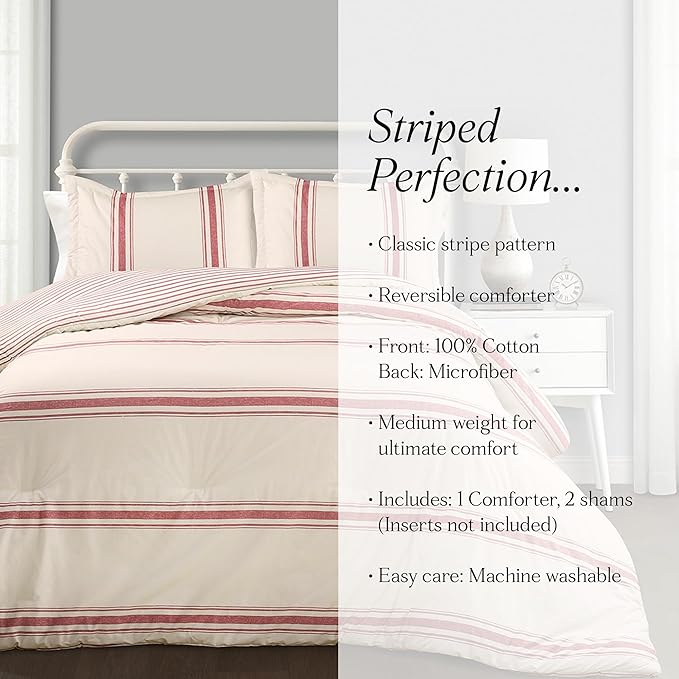 Lush Decor Farmhouse Stripe Reversible Cotton Comforter Set, 3 Piece Set, King, Red - Cozy F𝚊rmhouse Bedding Set - Rustic Decor - Striped Comforter - Modern Farmho𝚞se Bedroom Decor