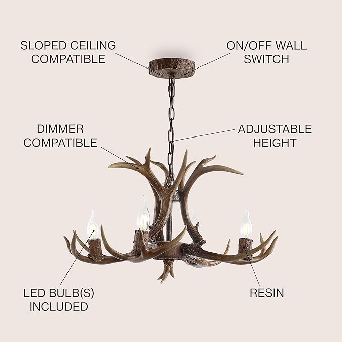 JONATHAN Y JYL6301A Eldora 26" Adjustable Resin Antler 4-Light LED Chandelier, Glam, Rustic,Cottage,Transitional, Dimmable Dining Room, Living Room, Kitchen, Foyer, Bedroom, Brown