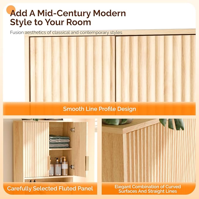 VINGLI Fluted Over The Toilet Storage Cabinet, Modern Behind Toilet Cabinet Bathroom Organizer with 2 Fluted Doors,Wood Storage Organizer Freestanding with Adjustable Shelf for Bathroom,Natural Oak