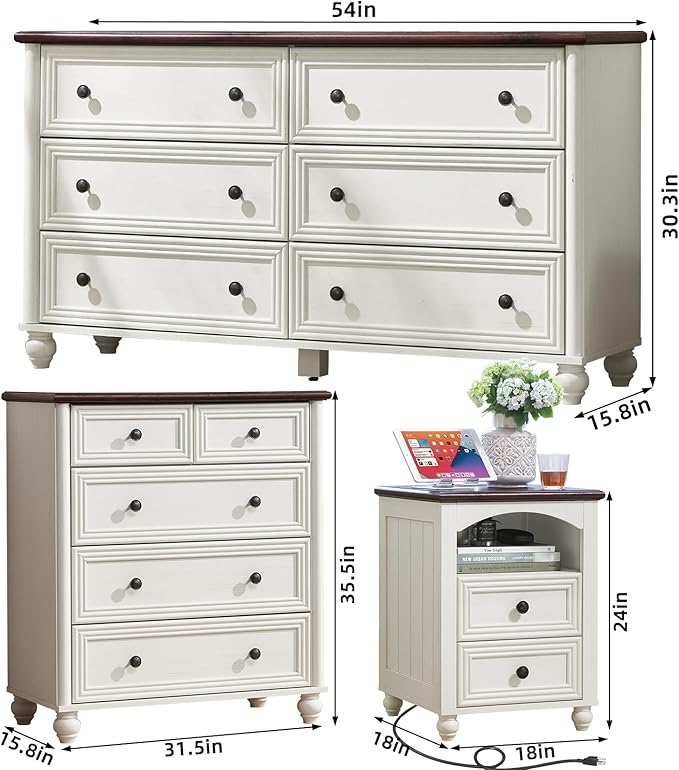 Farmhouse Dressers & Night Stand Set of 4, Wood 54" Wide Dresser & 35" Tall Chest of Drawers, 18" with Charging Station Nightstand Set of 2, Bedroom Furniture Dresser Set for Home Living Room Hallway