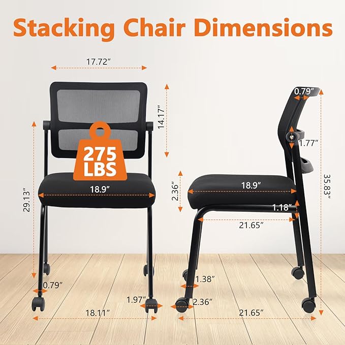 CLATINA Stacking Armless Office Guest Chair with Wheels, Stackable Mesh Waiting Room Reception Desk Chairs with Adjustable Backrest for Conference Lobby Side School, Black, 8PK