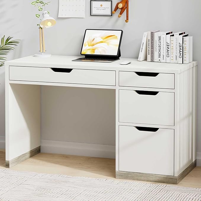 White Desk with Drawers, 48 Inch Small Computer Desk with 4 Storage Drawers for Small Space, Home Office Desk for Bedroom with Storage File Cabinet